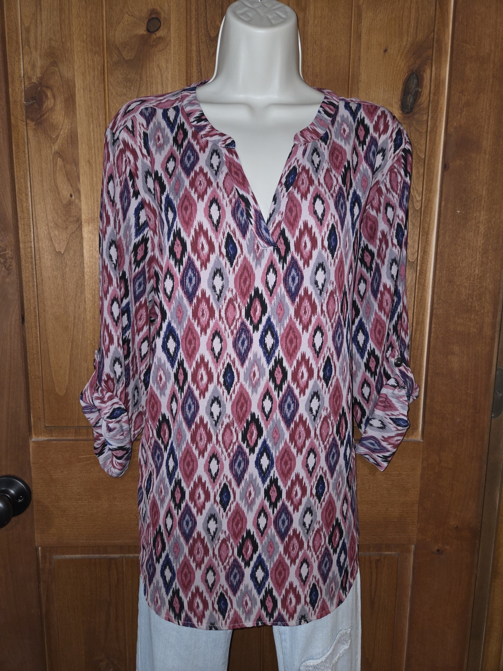 Maurices Pink and Navy Diamond Print Blouse